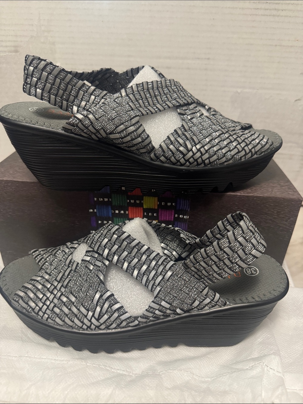 bernie mev. Metallic Woven Slingback Wedges - Silver Black